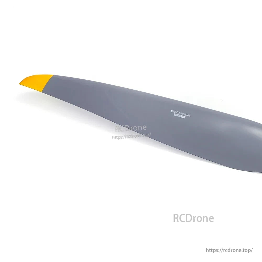 MAD FLUXER PRO carbon fiber paramotor propeller blade in gray with a yellow tip and MAD Components marking