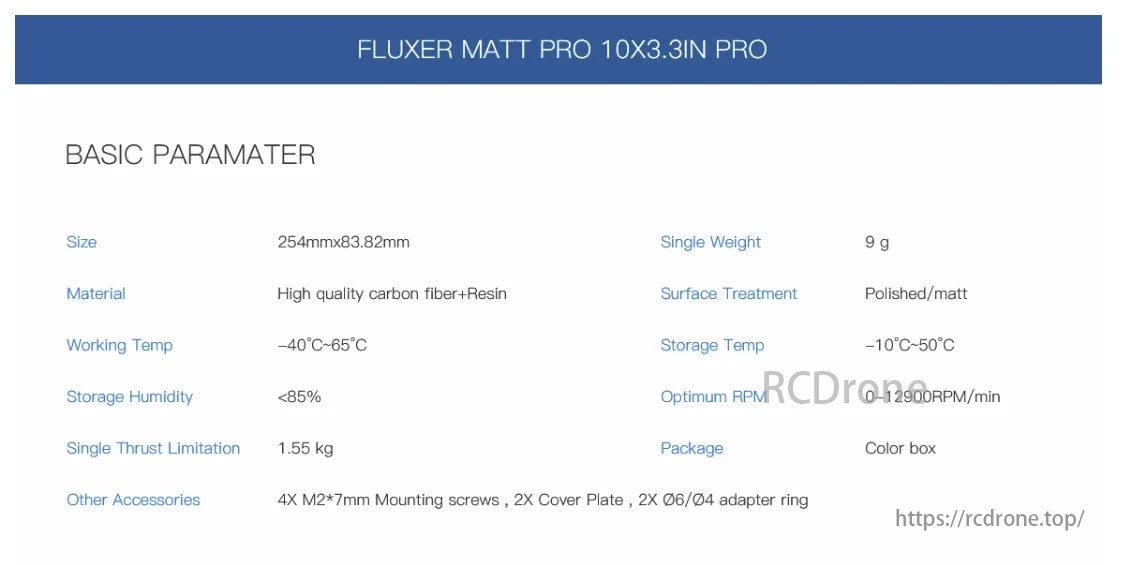 MAD Fluxer Pro Propeller, FLUXER MATT PRO 10X3.3IN PRO is a 9g carbon fiber and resin propeller, sized 254mmx83.82mm, with a thrust limit of 1.55kg, operating from -40°C to 65°C, including screws, plates, and rings.