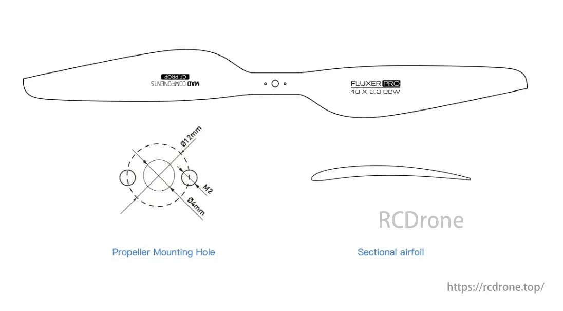 MAD Fluxer Pro Propeller, Fluxer Pro 10 x 3.3 CCW propeller features mounting hole and sectional airfoil design for optimal performance.