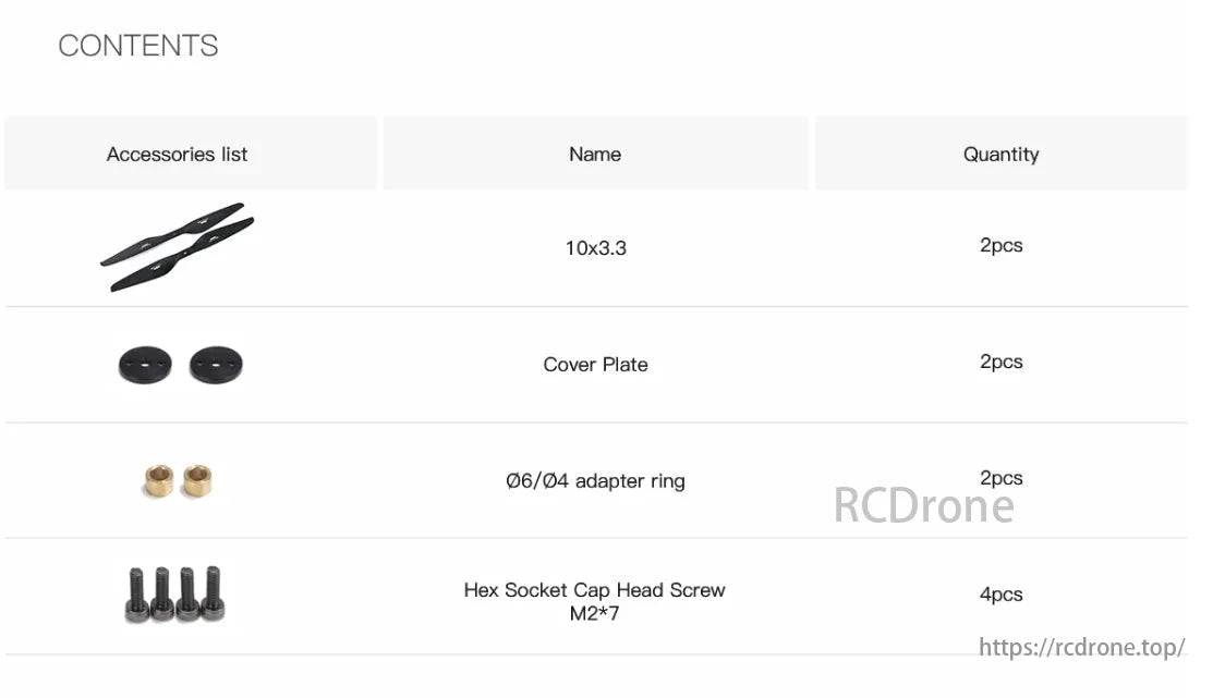 MAD Fluxer Pro Propeller, The package contains props, cover plates, adapter rings, and screws for drone assembly.