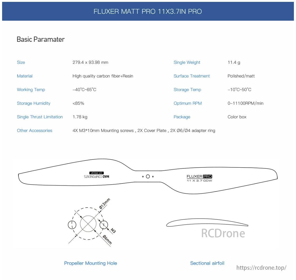 MAD Fluxer Pro Drone Prop, The FLUXER MATT PRO 11X3.7IN PRO is a carbon fiber propeller with a 279.4 x 93.98 mm size, weighing 11.4 grams, and capable of 1.78 kg thrust at 0-11100 RPM.