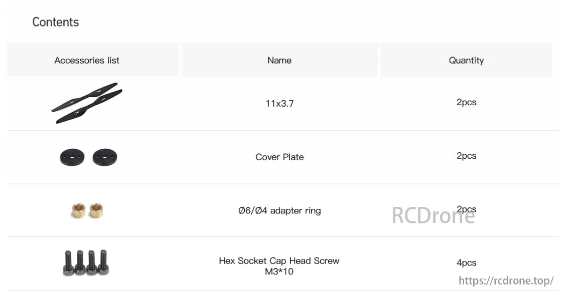 MAD Fluxer Pro Drone Prop, The image shows accessories: 2x 11x3.7 propellers, 2x cover plates, 2x adapter rings, and 4x screws.