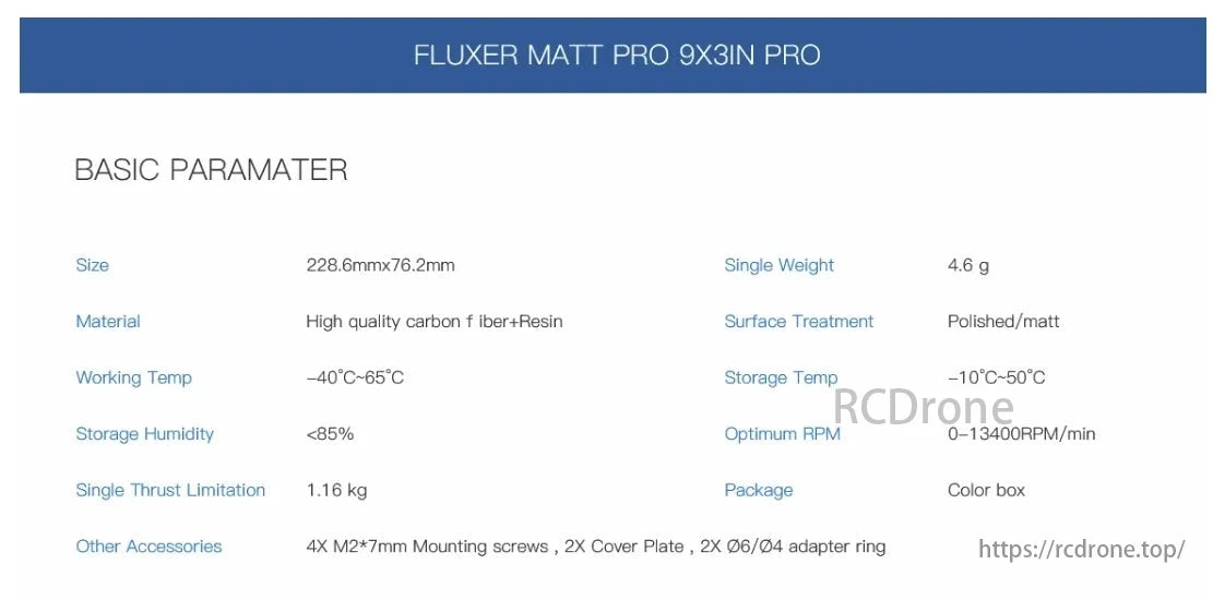 MAD Fluxer Pro Propeller, FLUXER MATT PRO 9X3IN PRO: 228.6mmx76.2mm, 4.6g, carbon fiber + resin, -40°C to 65°C, 1.16kg thrust, with screws, plates, and rings.