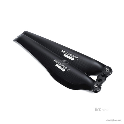 MAD FLUXER Pro glossy carbon fiber folding propeller blades with folding metal hub and visible MAD Components branding