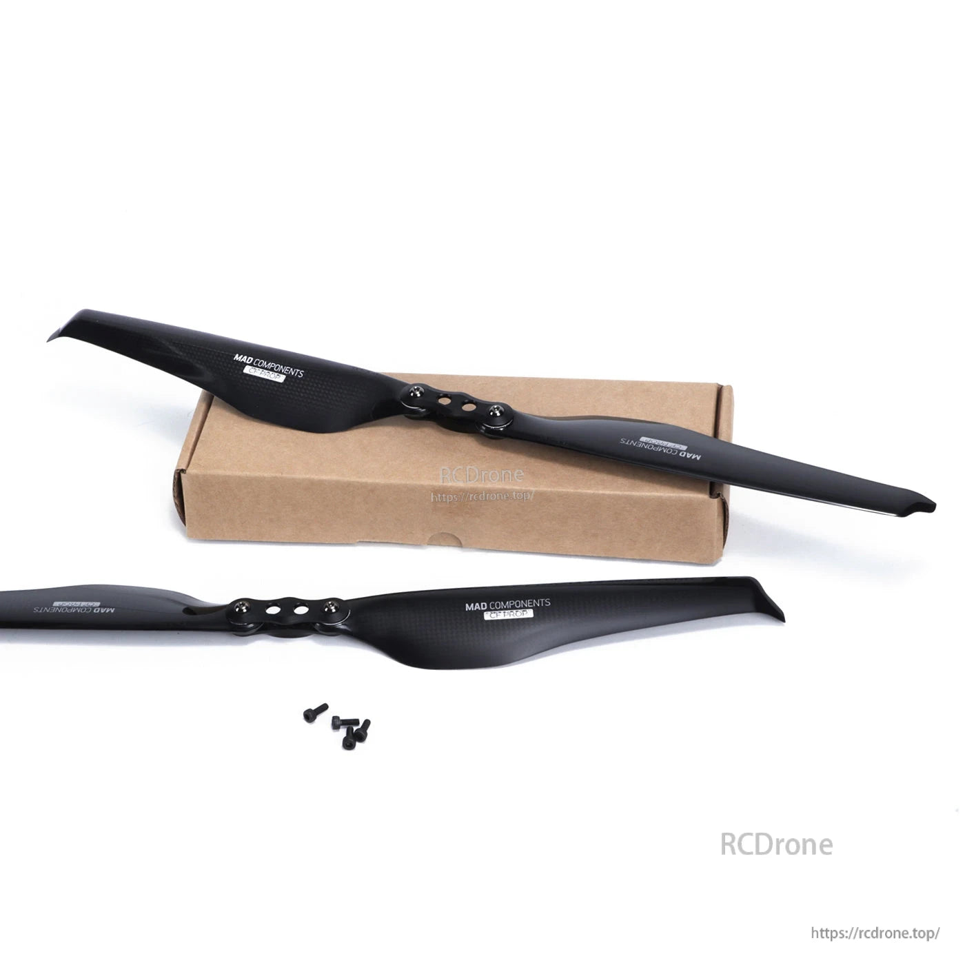 MAD Components glossy black carbon fiber folding propeller set with hub hardware and mounting screws