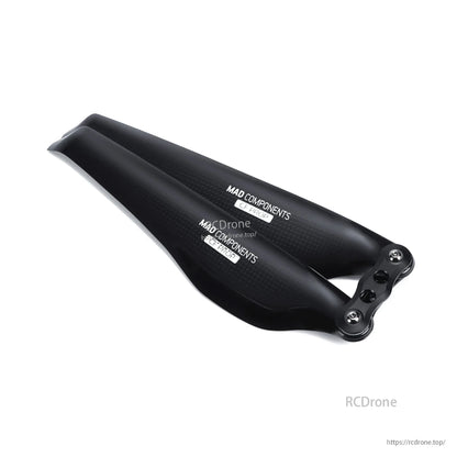 MAD Components glossy carbon fiber folding multirotor propeller with two black blades and mounting hub