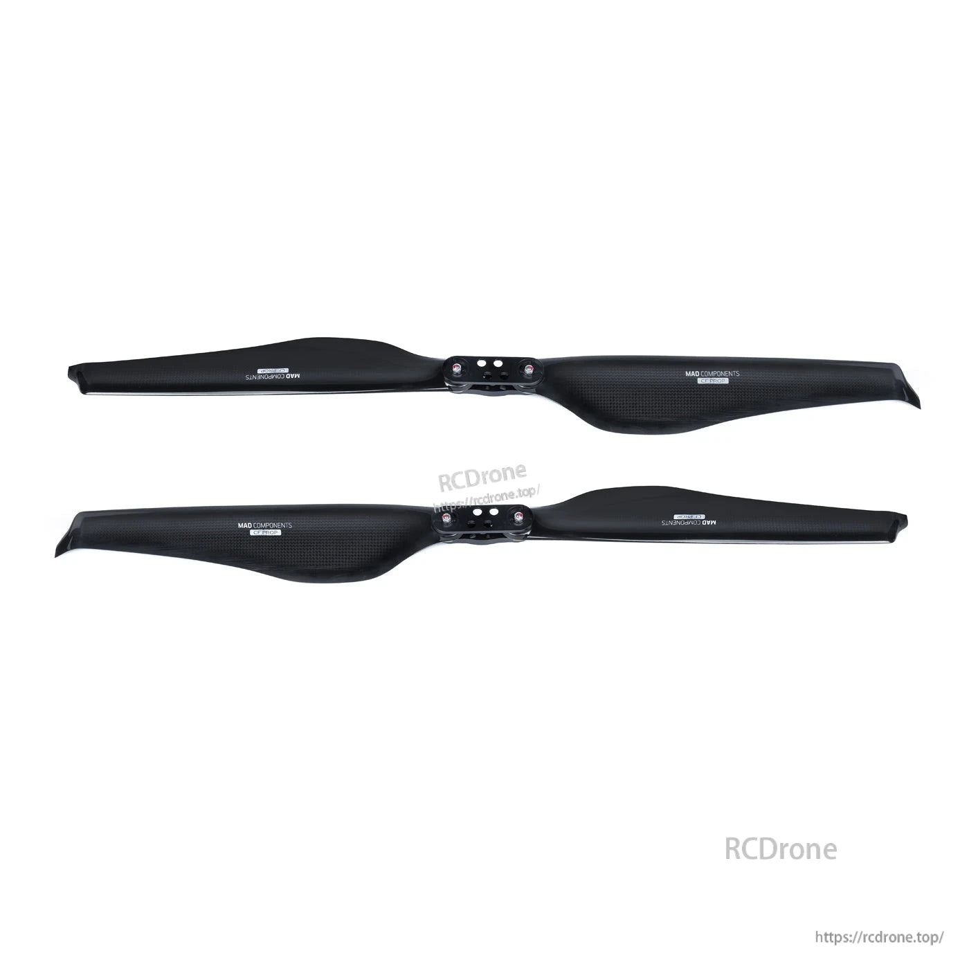 Pair of glossy carbon fiber folding propellers with center hub mounting plate for UAV or drone use
