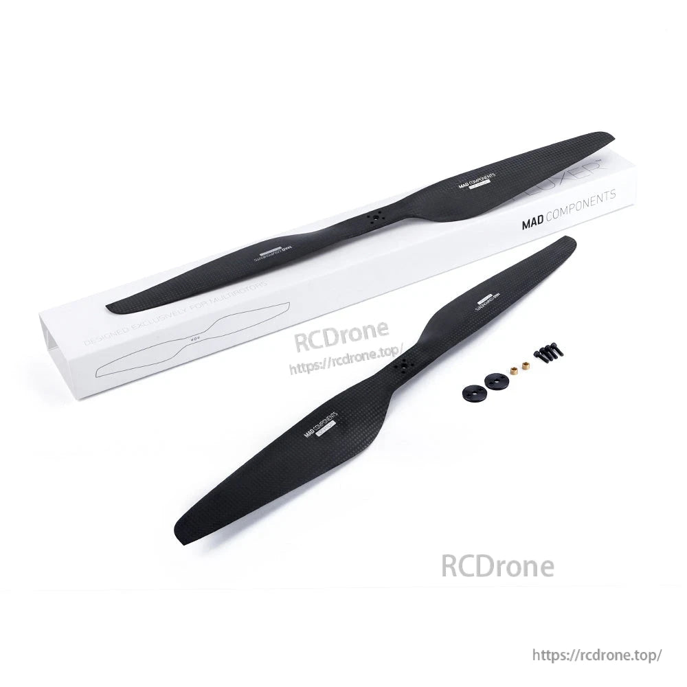 MAD FLUXER Pro matte carbon fiber CCW propeller with mounting hardware and MAD Components box