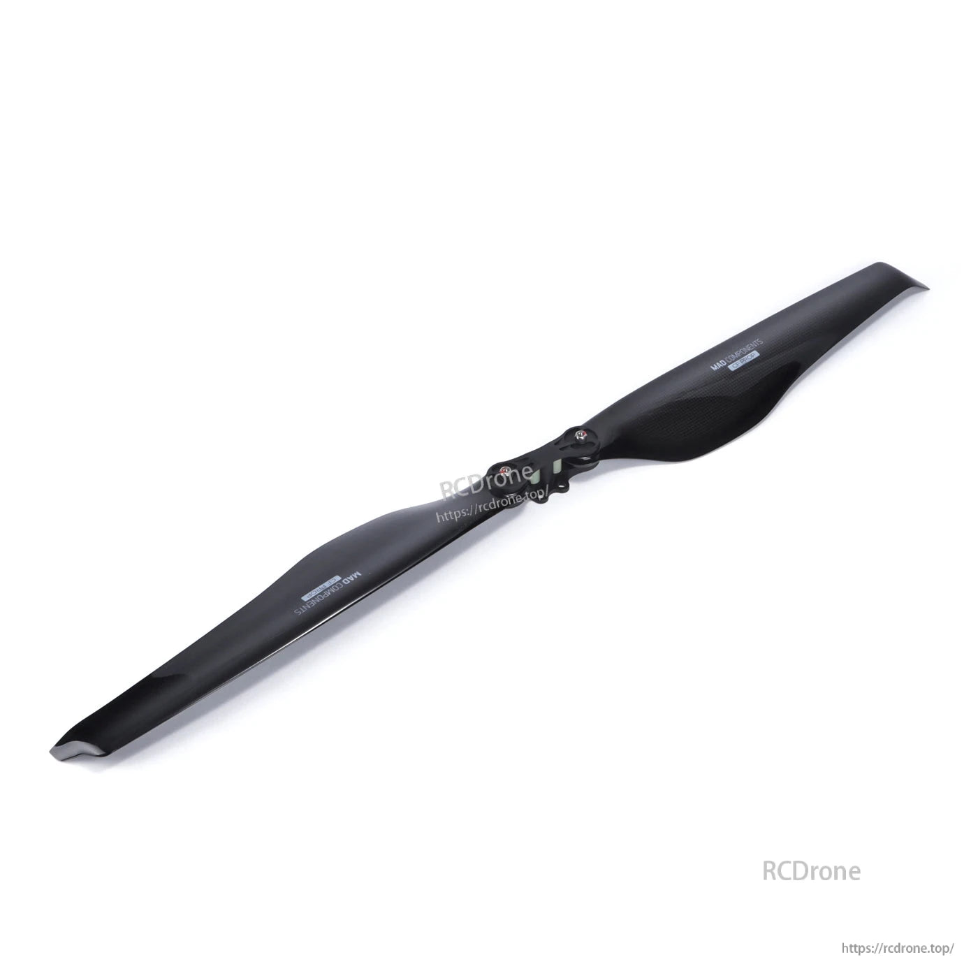 Black folding propeller with central hinge hub, glossy carbon-fiber look, for large RC drone or aircraft
