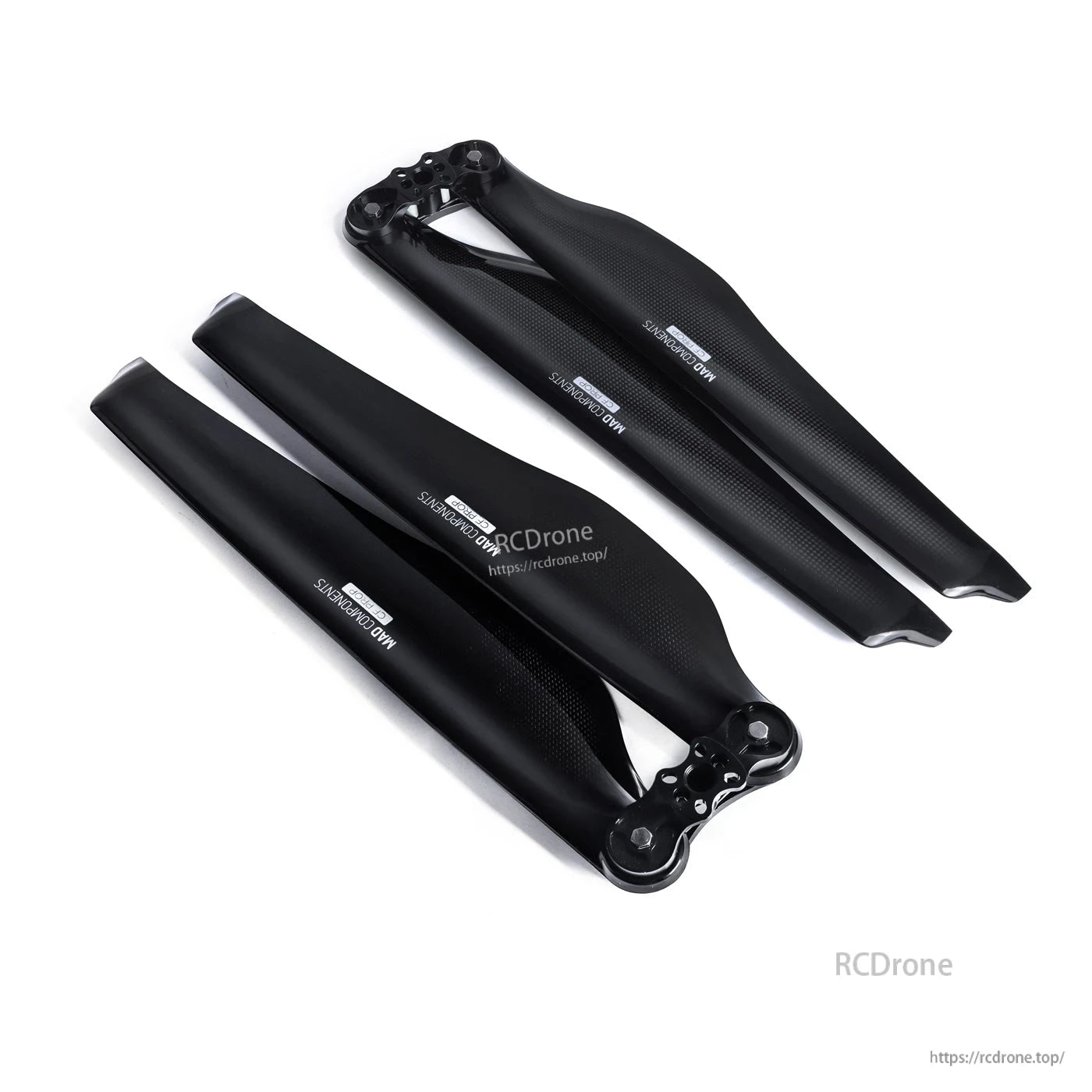 Black glossy carbon fiber folding drone propeller set with mounting hubs, two-blade assemblies