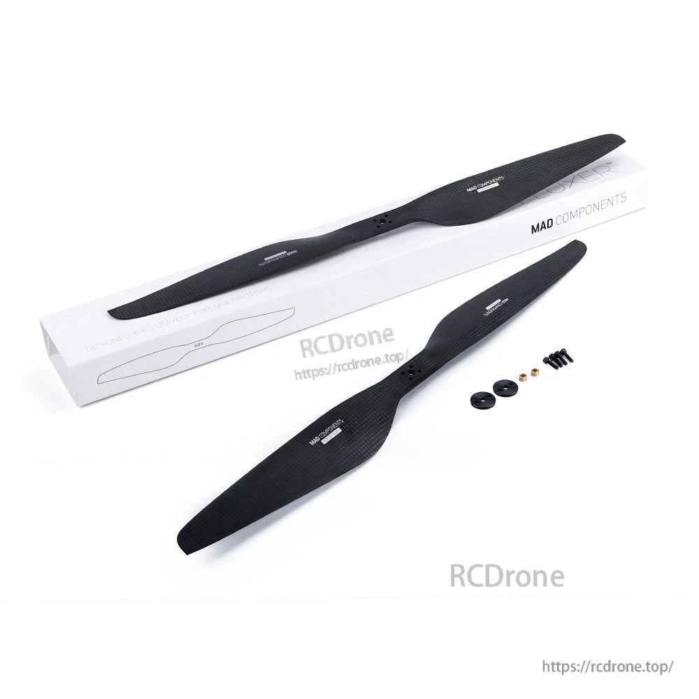 MAD FLUXER Pro Matt Carbon Fiber Propeller, MAD FLUXER Pro matte carbon fiber propeller set with two blades, mounting hardware, and box