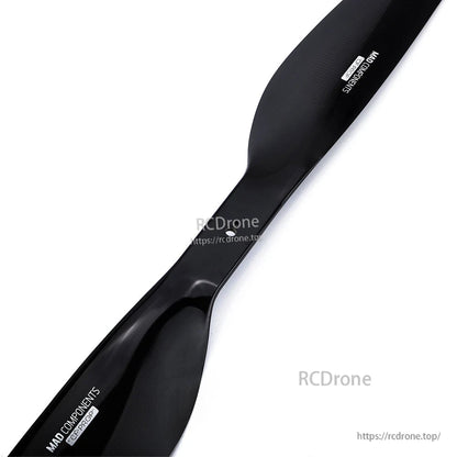Glossy black carbon fiber drone propeller blade with MAD Components branding, MAD FLUXER Pro Shine 18x5.9
