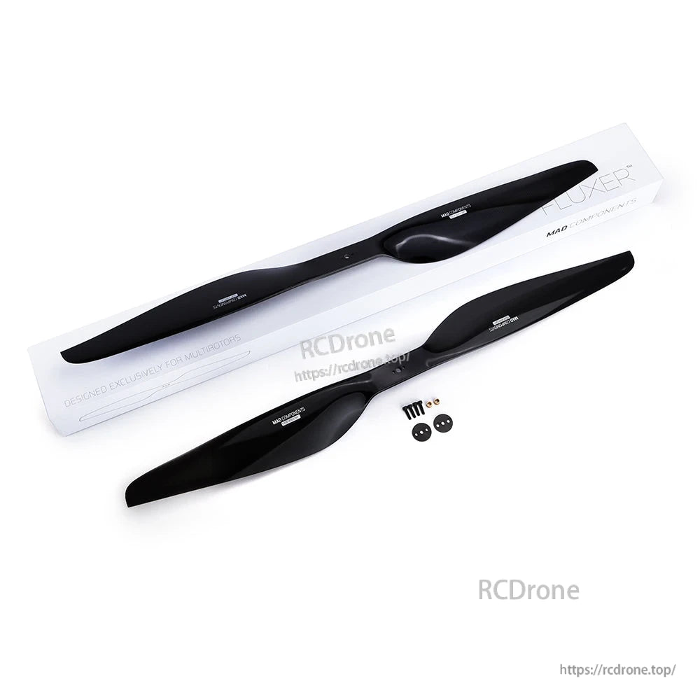 MAD FLUXER Pro Shine 18x5.9 drone propeller set with two glossy black blades, mounting screws and washers