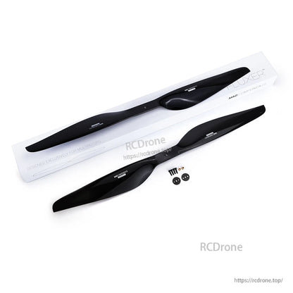 MAD FLUXER Pro Shine 18x5.9 drone propeller set with two glossy black blades, mounting screws and washers