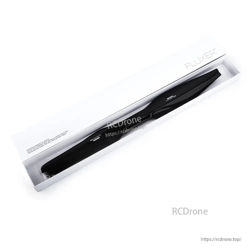 Black MAD FLUXER Pro Shine drone propeller in clear display box with FLUXER branding