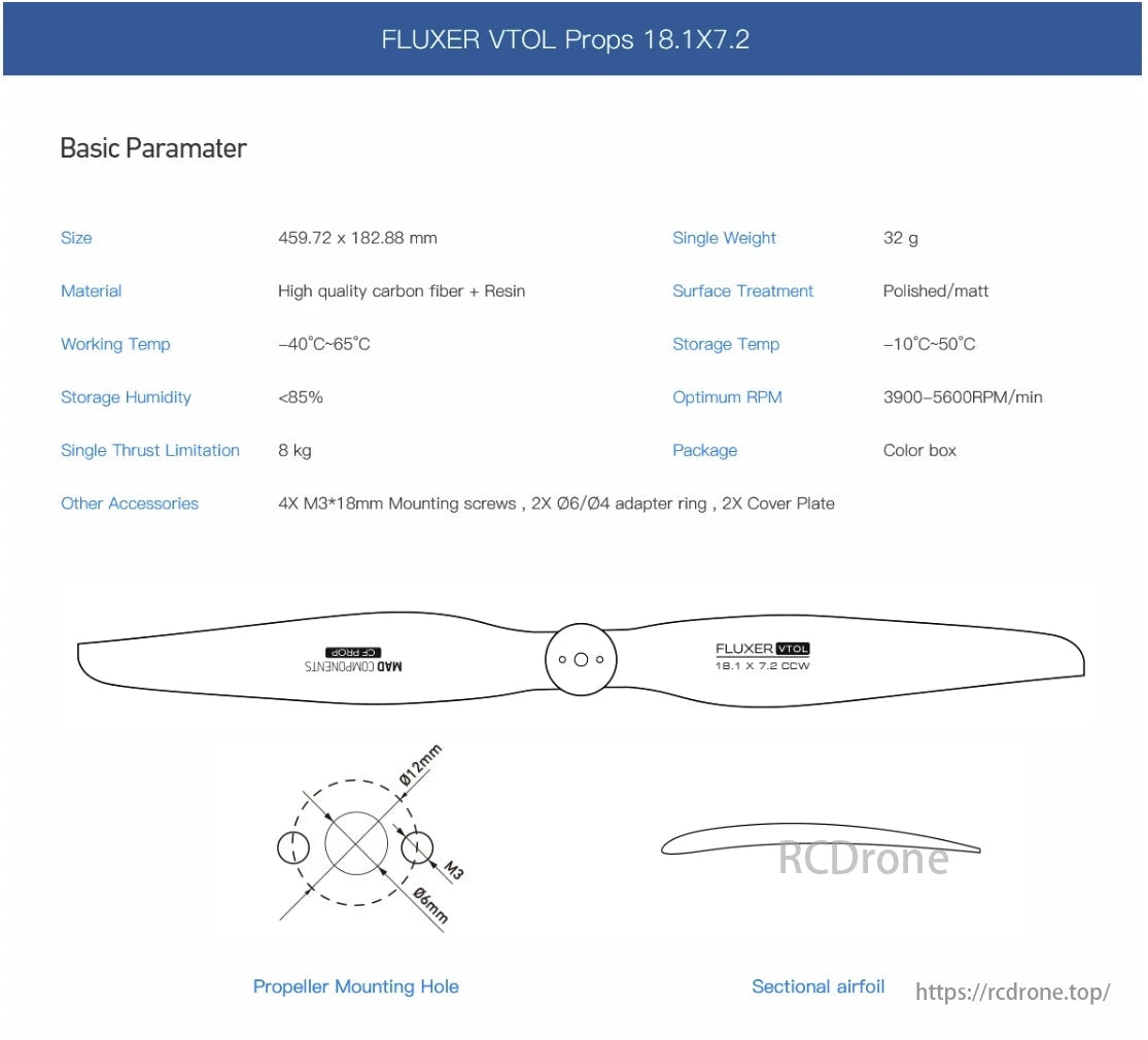 MAD Fluxer VTOL Propeller, FLUXER VTOL Props 18.1X7.2: Carbon fiber propeller, 459.72x182.88 mm, 32 g, optimal RPM 3900-5600, 8 kg thrust limit, includes screws, rings, and plates.