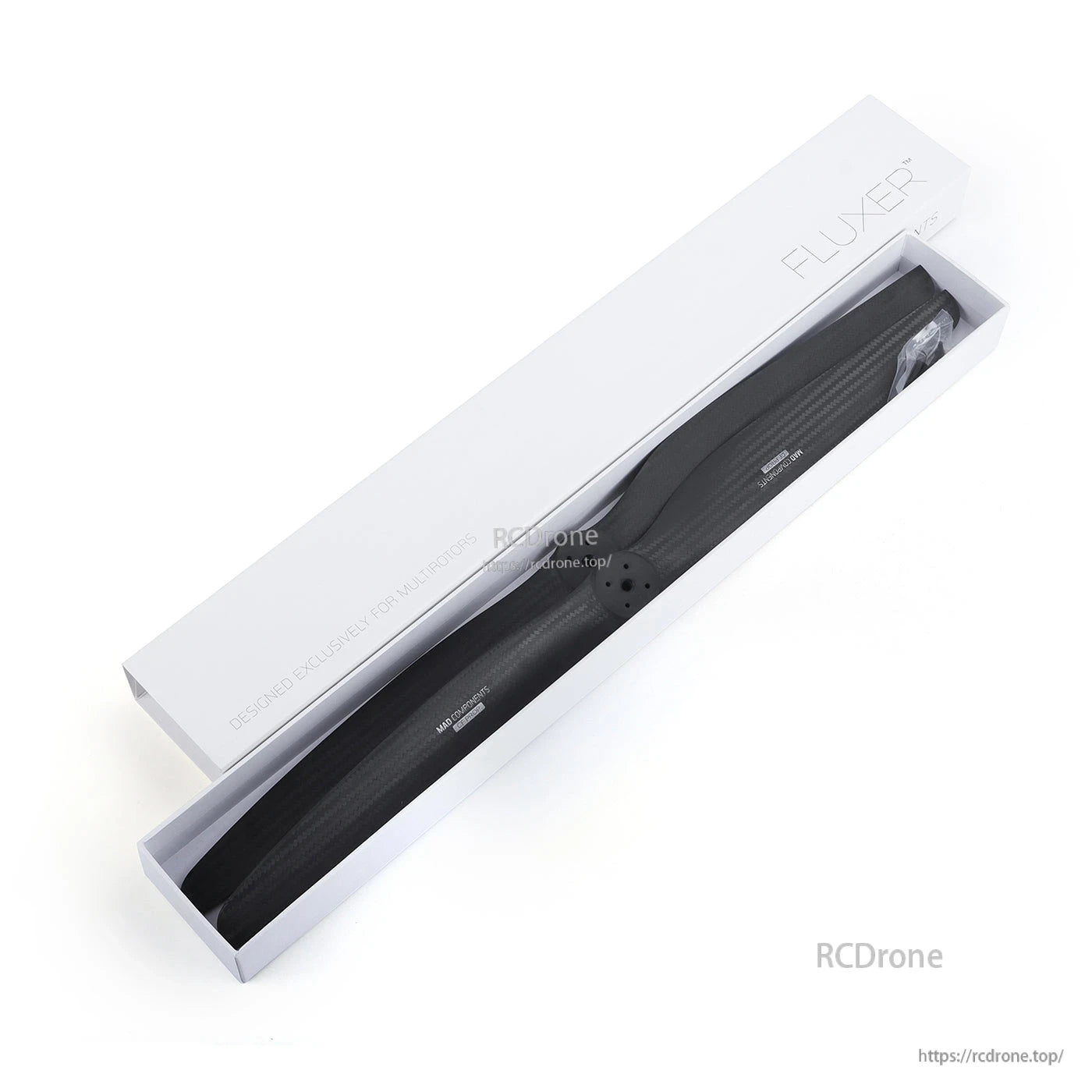 MAD FLUXER VTOL Carbon Fiber Propeller, Carbon fiber VTOL drone propeller blade in white FLUXER box packaging, black finish with mounting holes