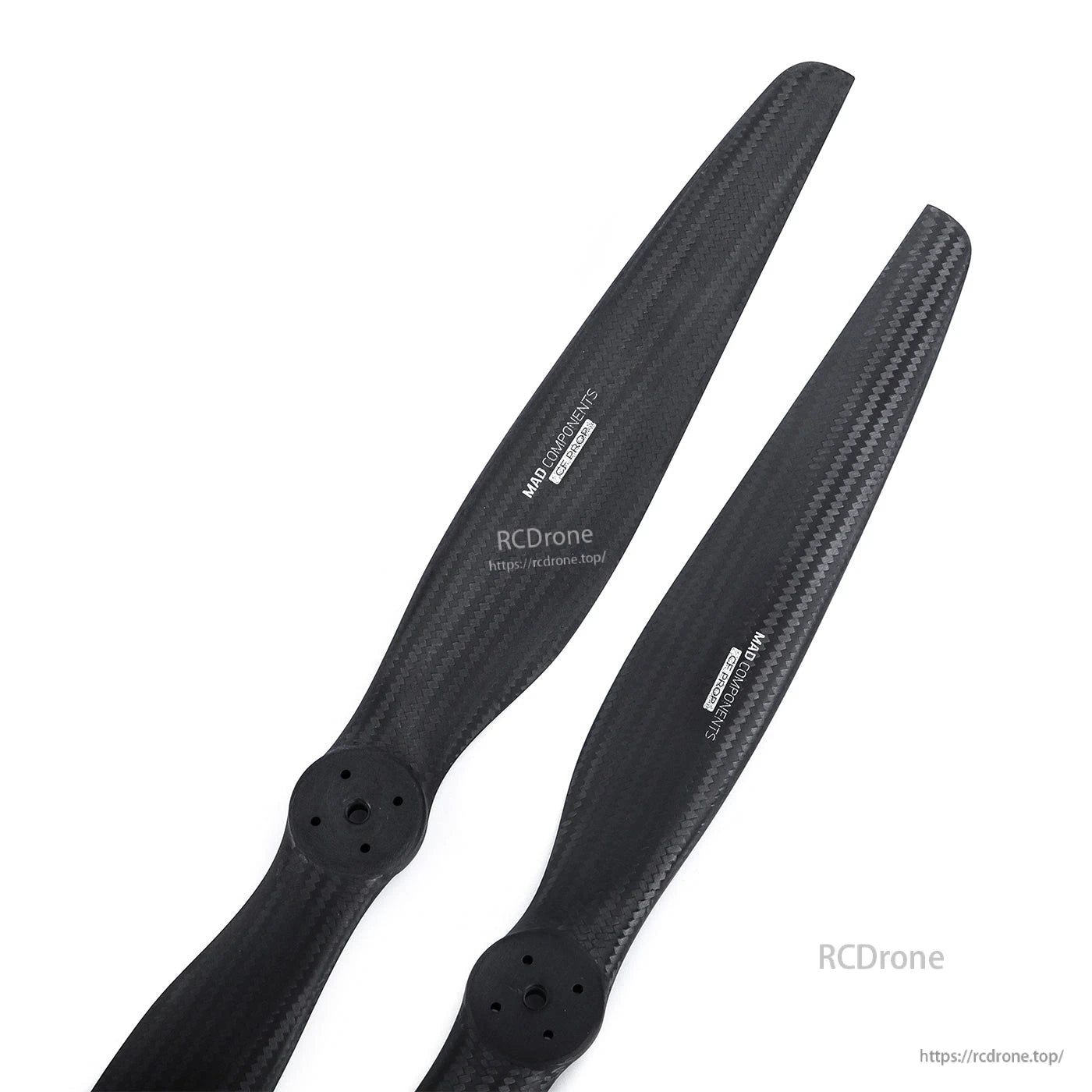 MAD FLUXER VTOL Propeller, Pair of MAD FLUXER VTOL carbon fiber drone propeller blades with mounting holes and RCDrone branding