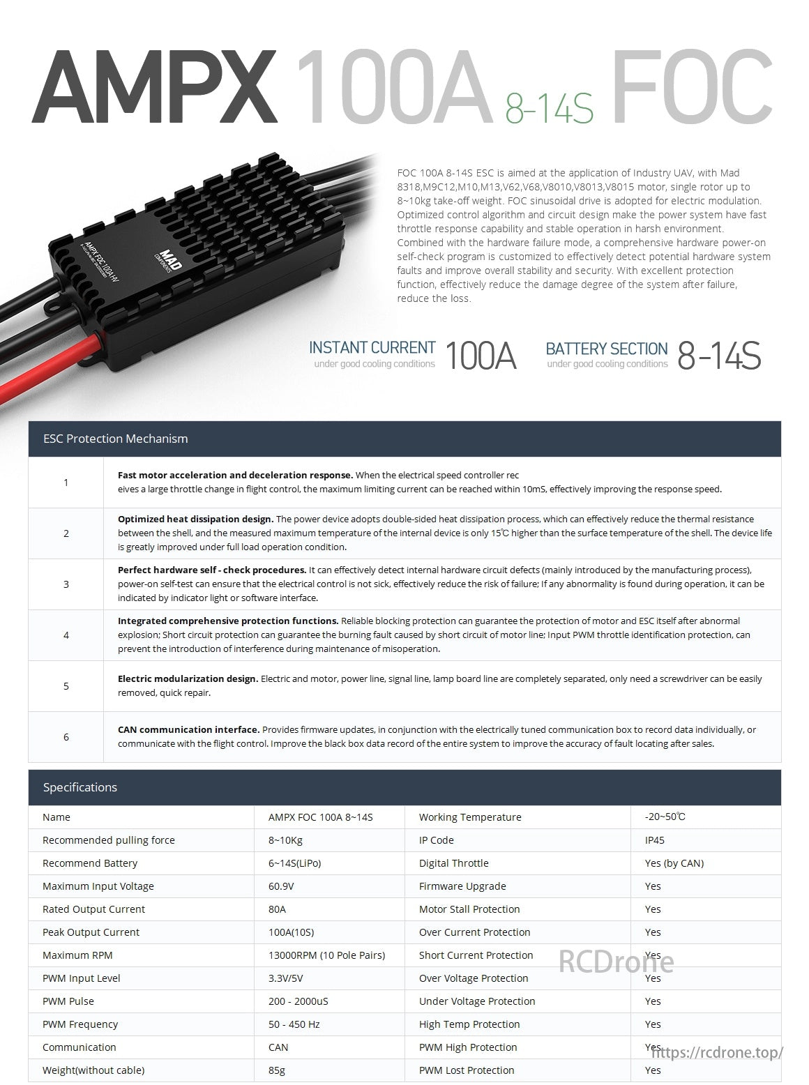 MAD FOC 100A 8-14S Drone ESC, AMPX 100A ESC for UAVs with Mad motors, up to 10kg. Features fast response, heat dissipation, self-check, protections, modular design, CAN communication.