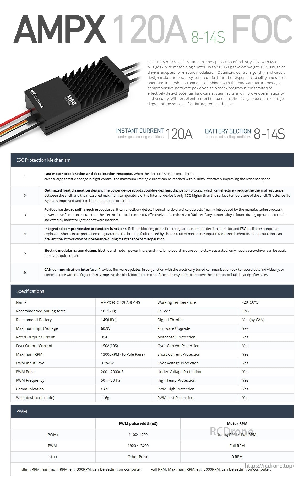 MAD FOC 120A 8-14S Drone ESC, AMPX 120A FOC ESC for UAVs supports 8-14S batteries, offers fast response, good heat dissipation, protection, 150A peak current, 13000RPM max, -20 to 50°C.