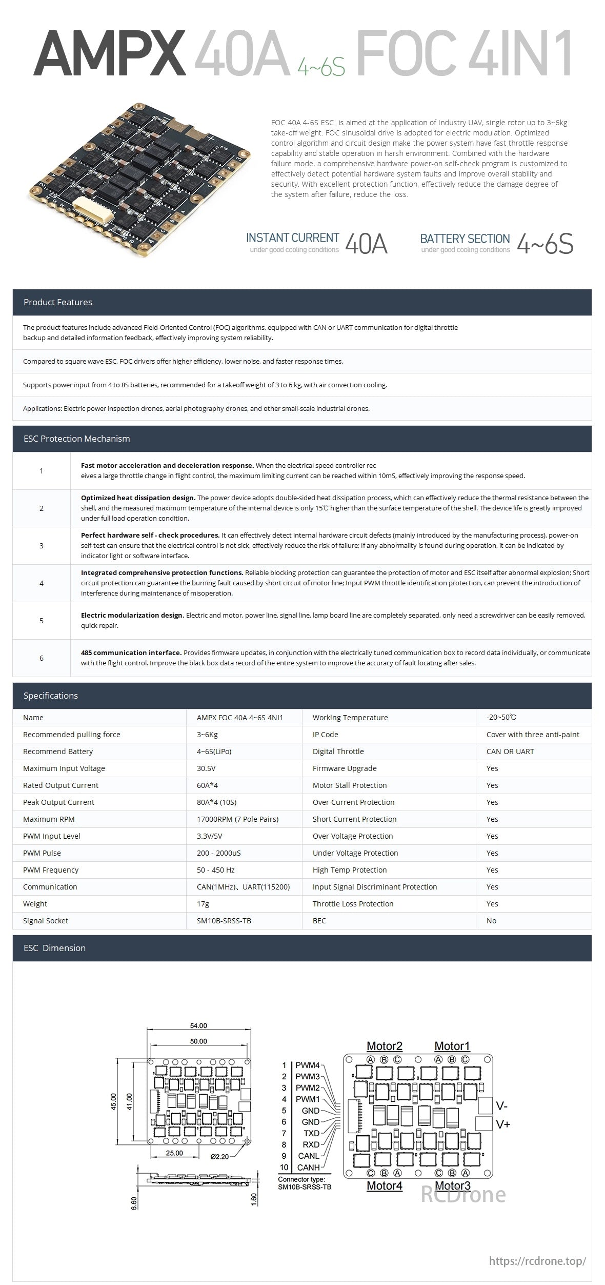 MAD FOC 40A 4-6S 4-in-1 Drone ESC, AMPX40A 4-6S FOC 4IN1 ESC for UAVs, supports 3-6kg takeoff, features optimized algorithms, self-check, protection. Specs: 30.5V, 80A*4, CAN/UART.