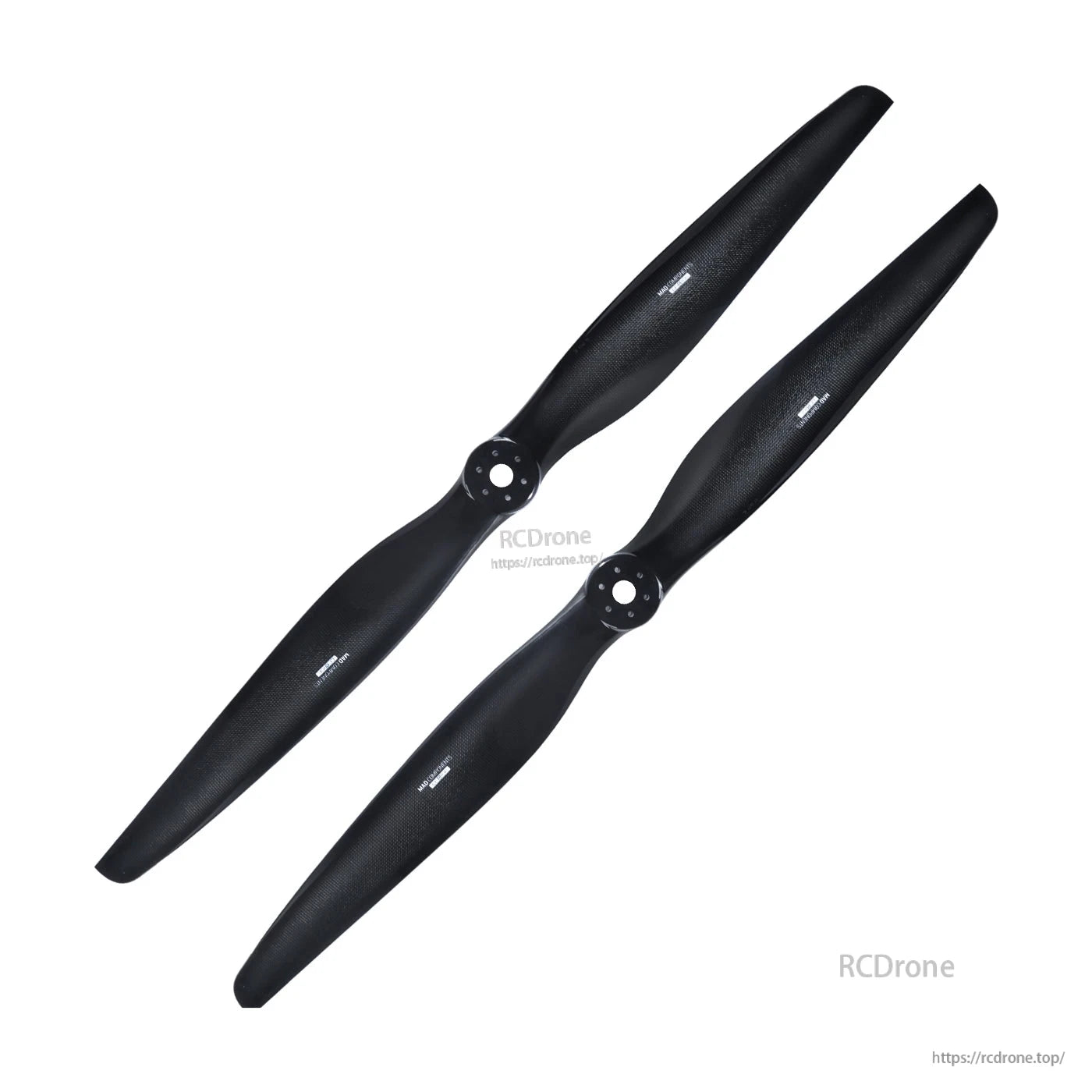 Pair of black carbon fiber paramotor propellers with mounting hubs, one clockwise and one counterclockwise