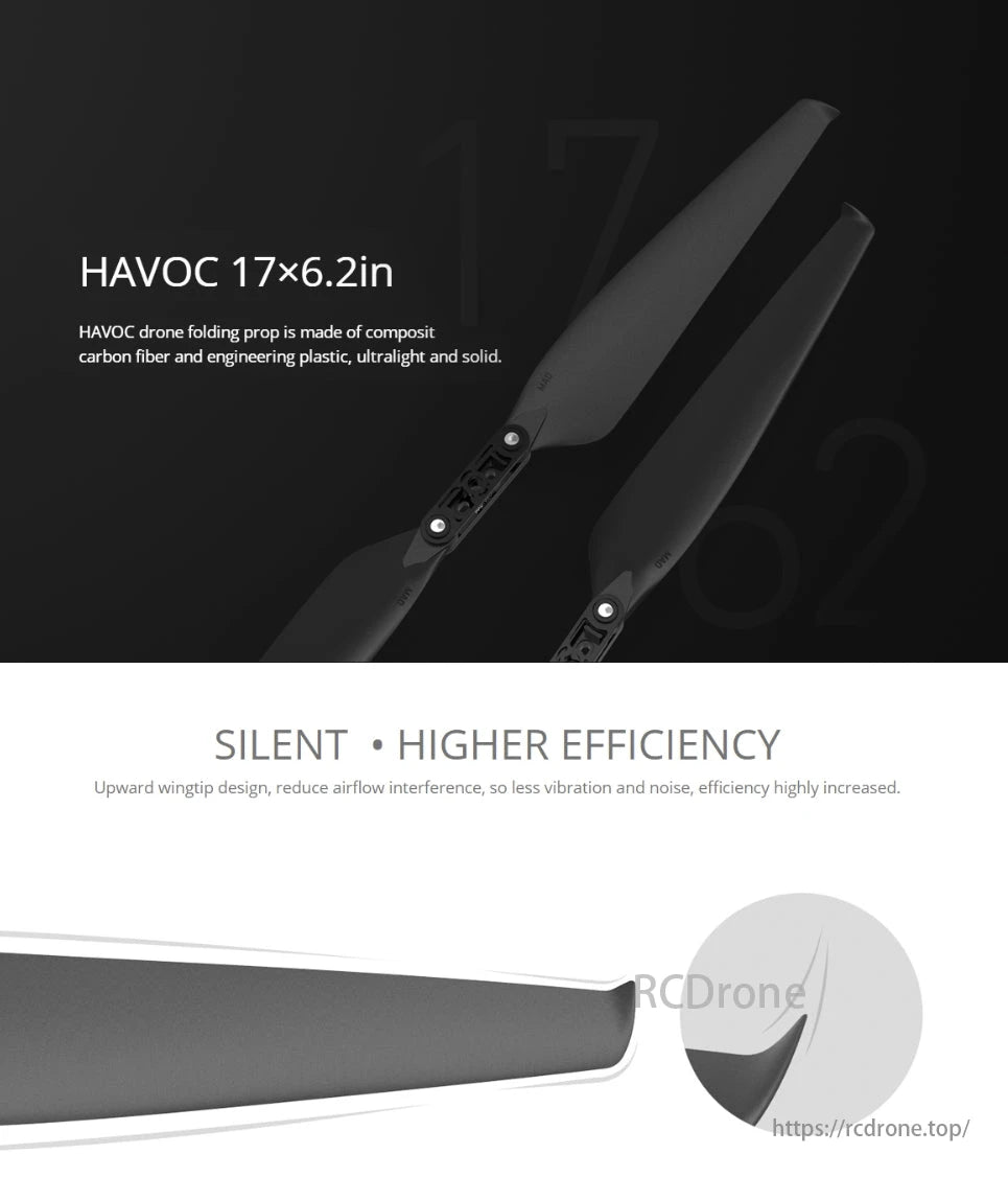 MAD Havoc Drone Propeller, HAVOC drone props are composite carbon fiber and plastic, ensuring lightweight, strength, silence, and efficiency with reduced airflow interference.