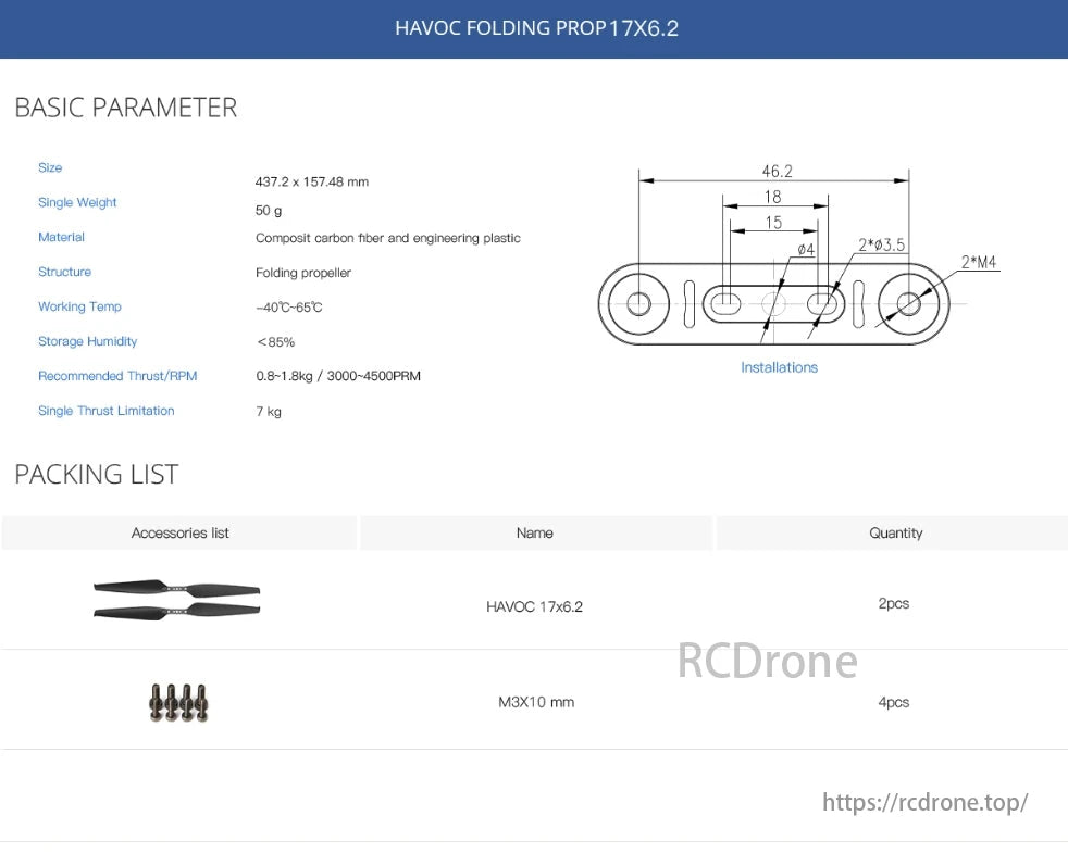 MAD Havoc Drone Propeller, The HAVOC FOLDING PROP 17X6.2 is a lightweight, folding drone propeller made of carbon fiber and plastic, with a thrust range of 0.8-1.8 kg and includes two propellers and screws.