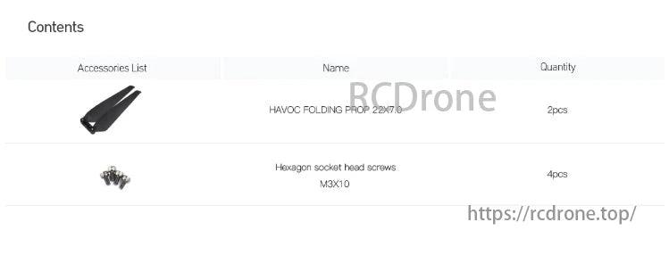 MAD Havoc 22x7 Prop, The package includes 2 HAVOC FOLDING PROP 22X7.0 and 4 Hexagon socket head screws M3x10.
