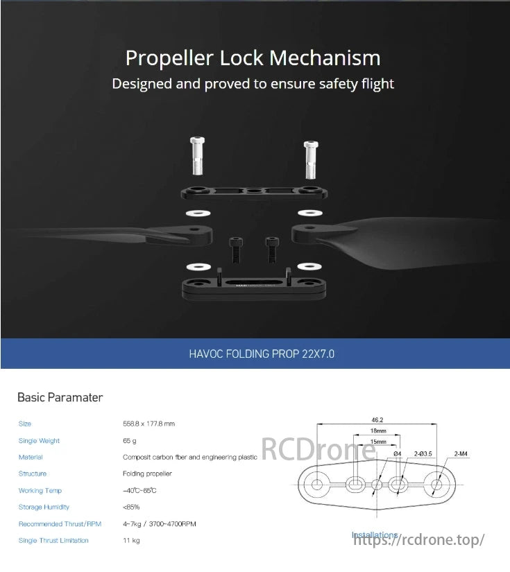 MAD Havoc 22x7 Prop, A safety-focused Propeller Lock Mechanism for HAVOC Folding Prop 22x7.0, detailing size, weight, material, and operation specs.