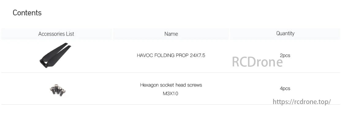 MAD Havoc Drone Propeller, Contents: 2 HAVOC FOLDING PROPs, 4 M3X10 hexagon socket head screws.