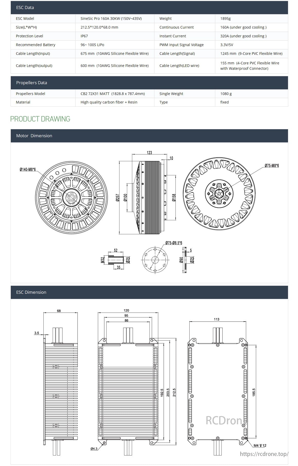 MAD HB110-72X31 Drone Arm Set – 9KV Motor, ESC Data: SineSic Pro 160A, 30KW, 1895g. Continuous 160A, instant 320A. Propellers CB2 72X31 MATT, 1080g each. Includes dimensions, protection, battery, and material specs.