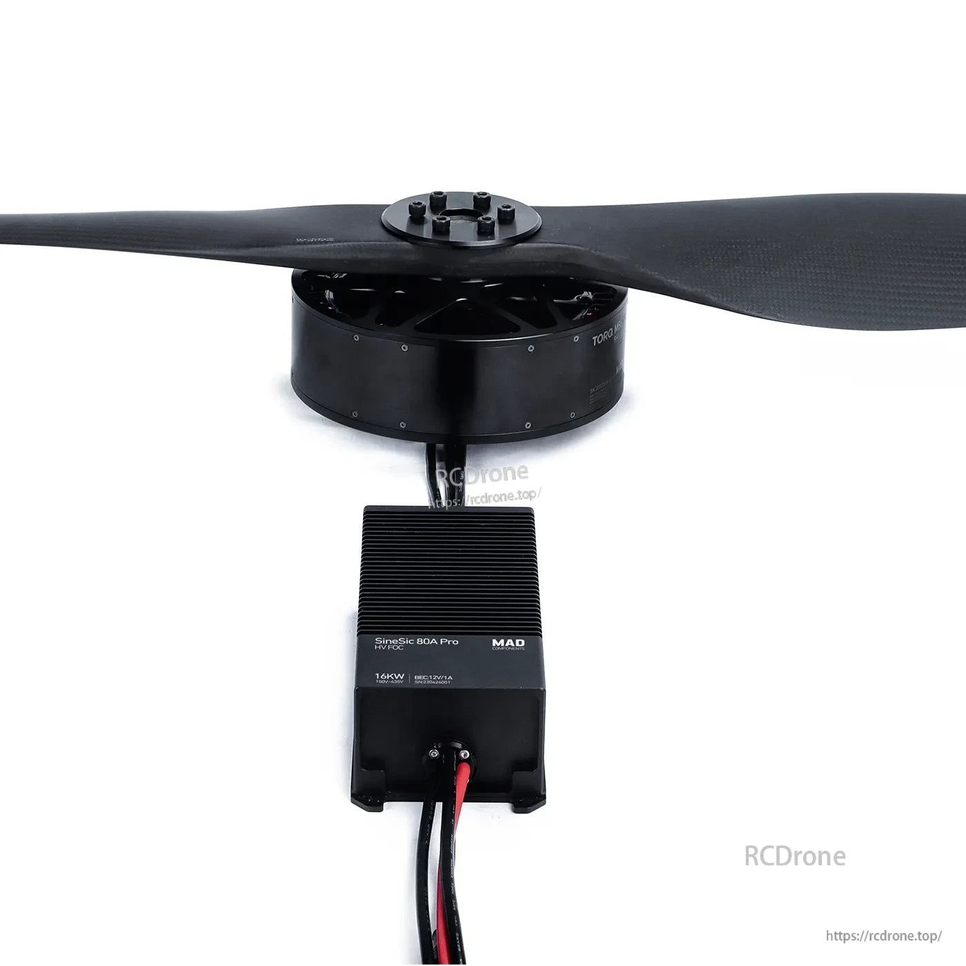 MAD drone arm motor with carbon propeller and SineSic Pro 80A 16kW ESC module with wiring leads