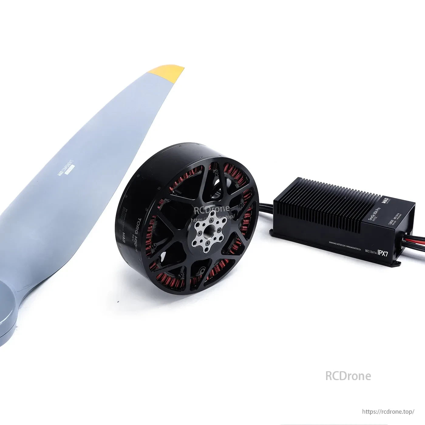MAD HB40 drone power combo with large propeller blade, brushless motor, and finned controller marked IPX7