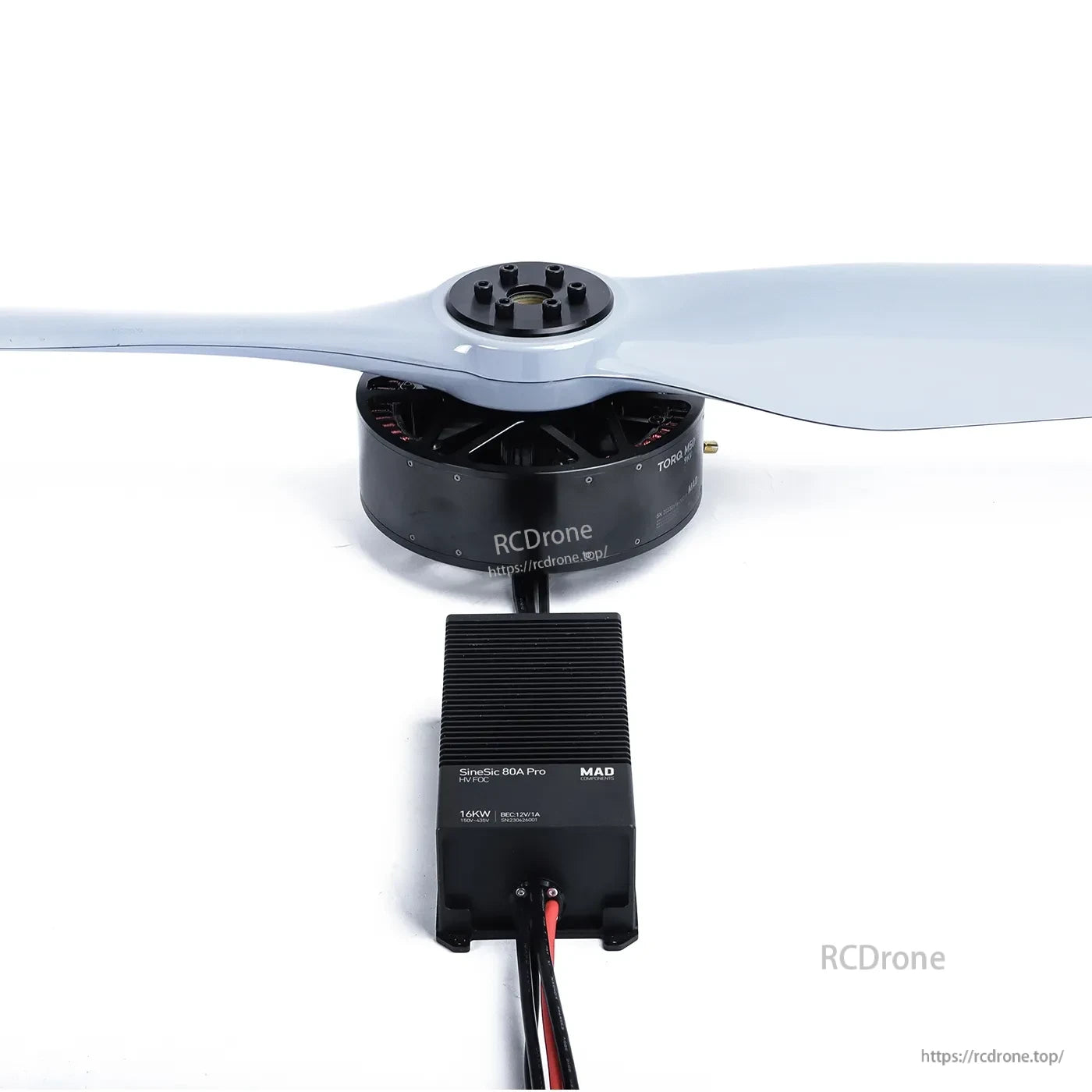 MAD HB40 drone power combo with brushless motor and propeller connected to a black MAD ESC module