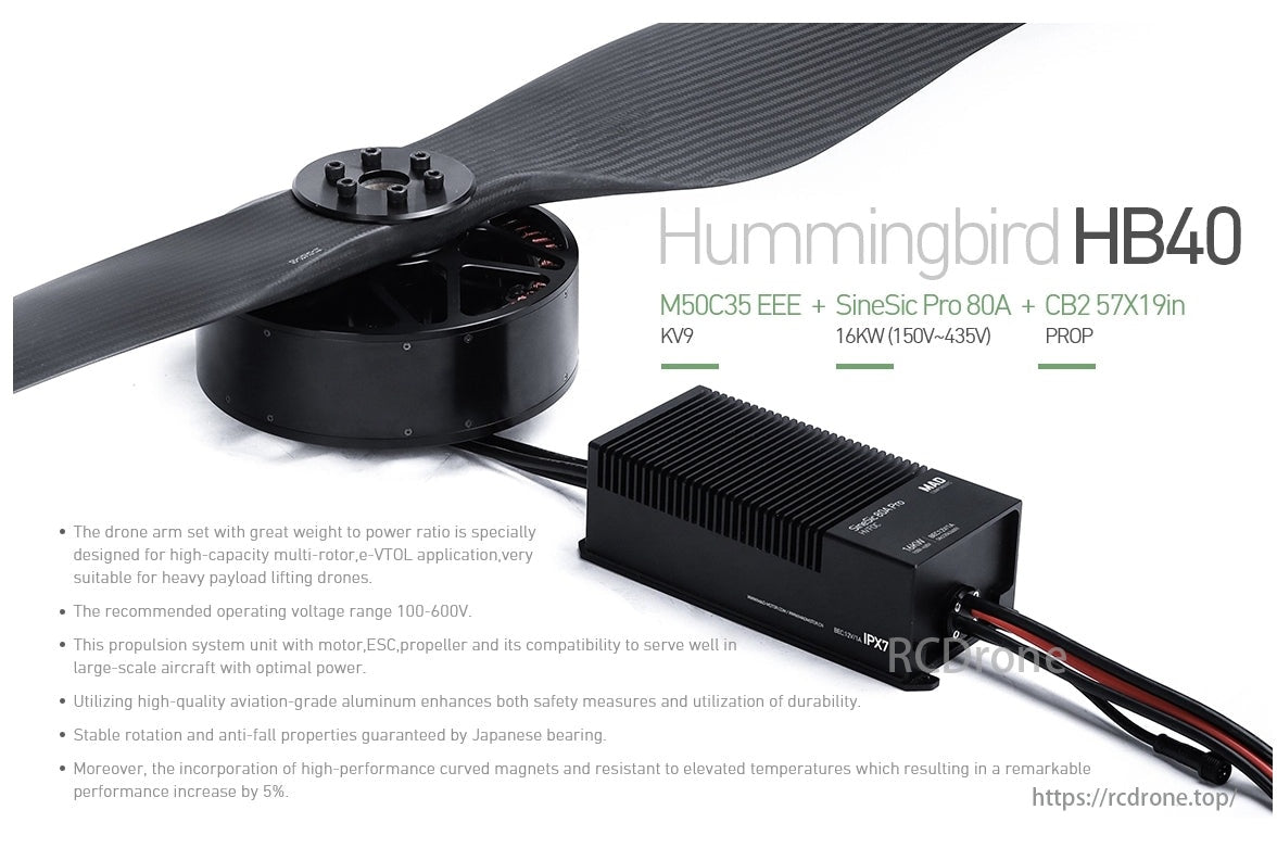 MAD HB40 Series Drone Arm Set, Hummingbird HB40 drone arms for high-capacity multi-rotor, eVTOL drones; aluminum build, Japanese bearings, high-performance magnets; 100-600V.