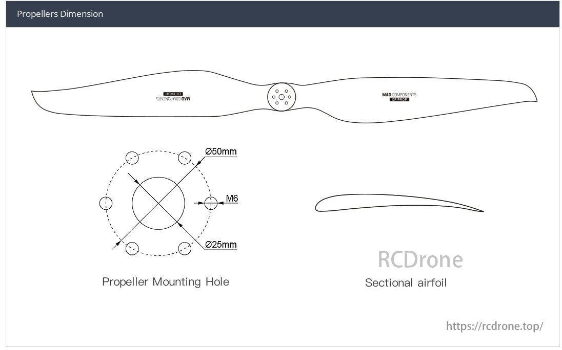 MAD HB40 Series Drone Arm Set, Propellers feature M6 screw mounting holes, 50mm and 25mm diameters, with a sectional airfoil design.