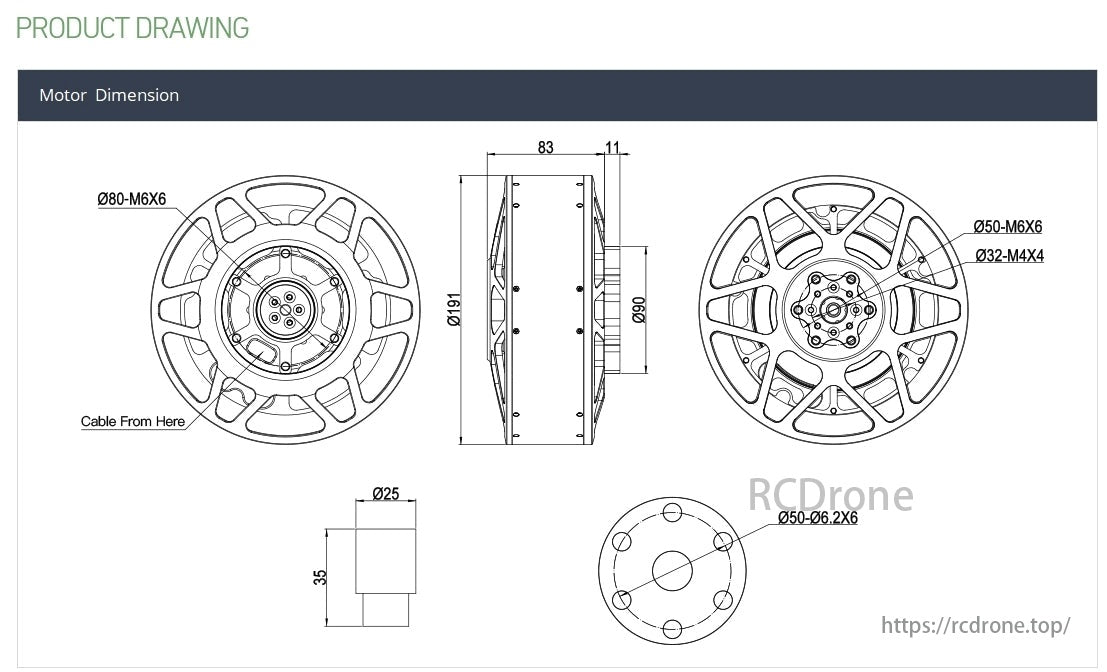 MAD HB40 Series Drone Arm Set, The drawing details motor dimensions: Ø80-M6X6, Ø50-M6X6, Ø32-M4X4, plus cable connection points.