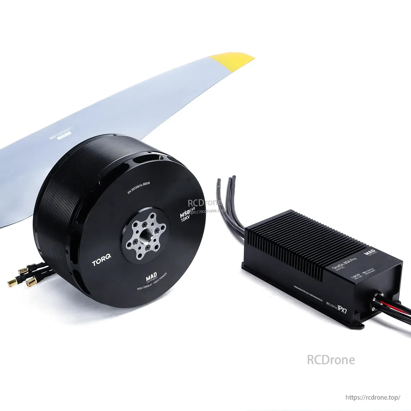 MAD drone power combo with large brushless motor, 63x22 propeller blade, and finned ESC with wires