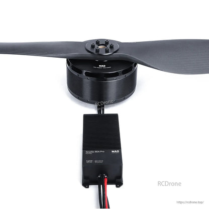 MAD brushless drone motor with 64x20 propeller connected to SineSic 80A Pro ESC module