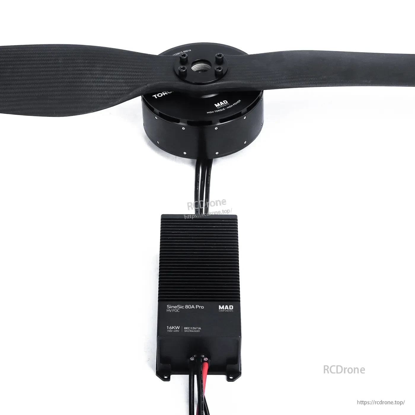 MAD Hummingbird drone motor with propeller and SineSic 80A Pro 16kW ESC, wiring leads attached