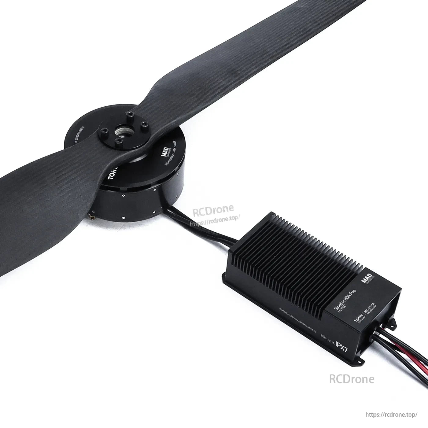 MAD Hummingbird HB30 drone power combo with large propeller motor connected to a finned ESC controller
