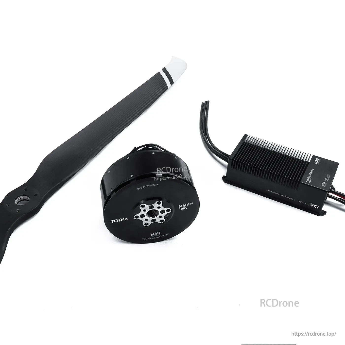 MAD Hummingbird drone power combo with carbon propeller, MAD brushless motor, and finned ESC with leads