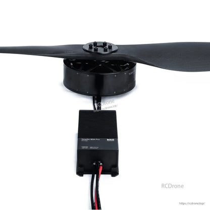 MAD drone motor with carbon propeller wired to SineSic 80A Pro 16KW ESC power module
