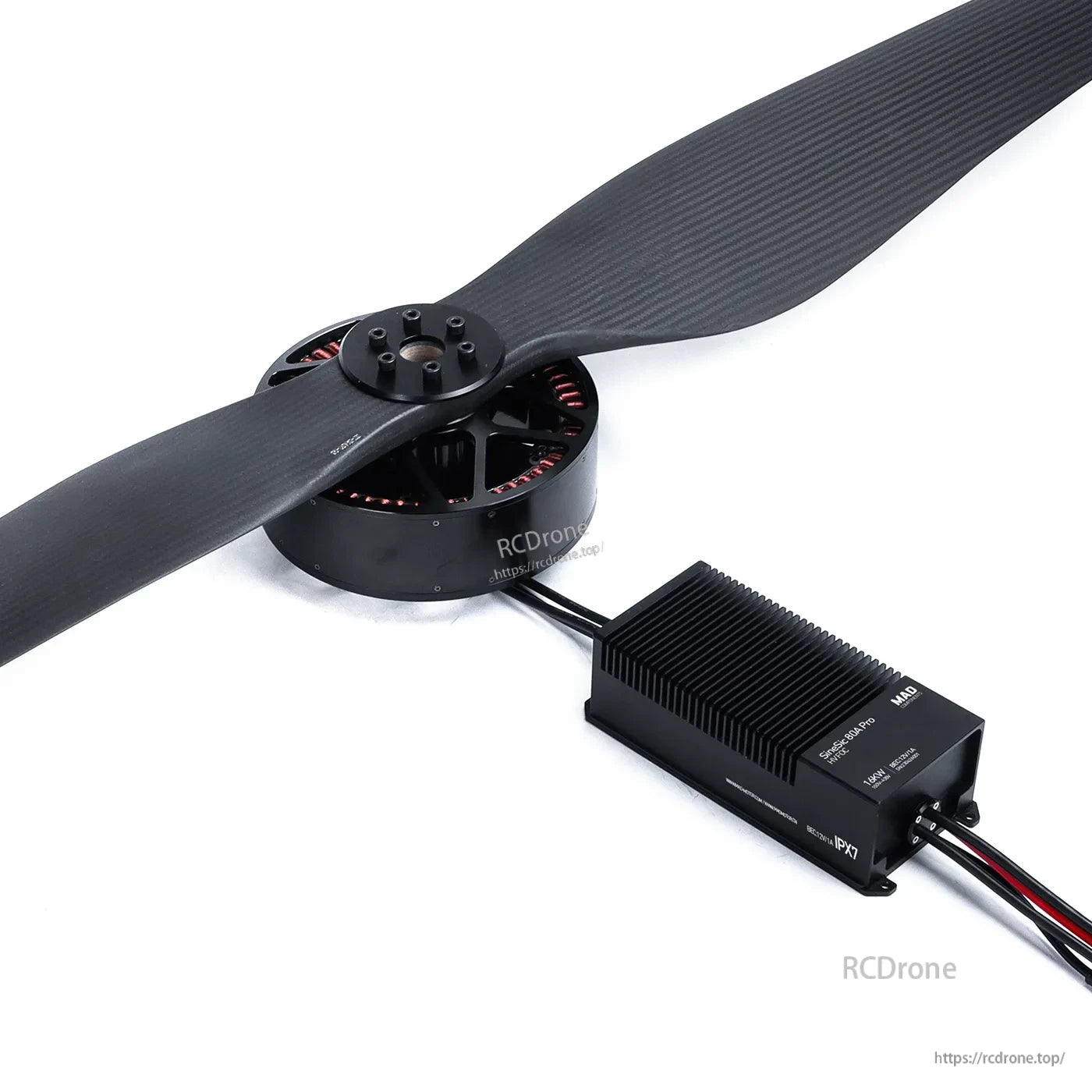 MAD Hummingbird HB40 Drone Power Combo 64x20, MAD Hummingbird HB40 drone power combo with large brushless motor, two-blade propeller, and finned ESC module