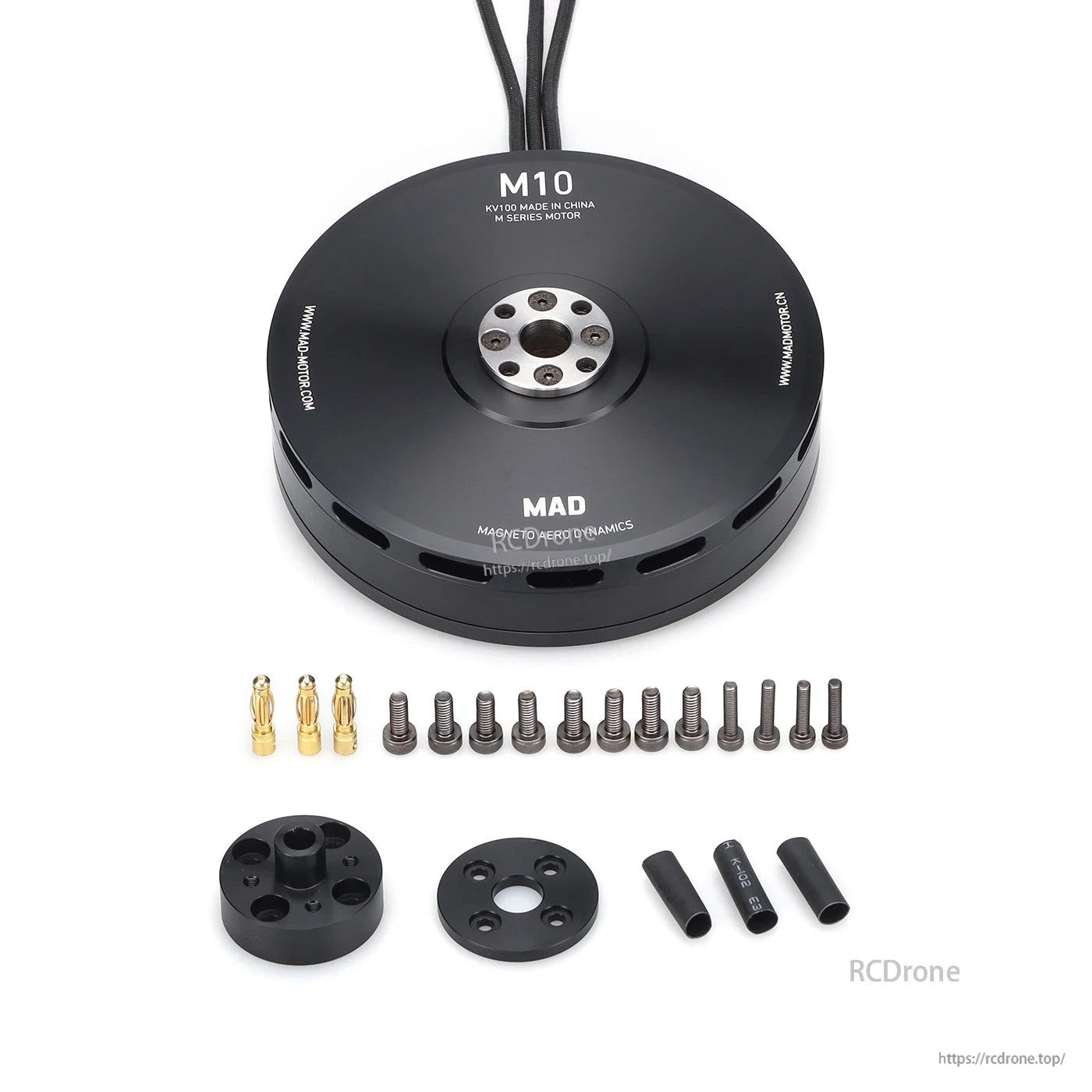 MAD M10 IPE V2.0 drone motor with mounting hardware, bullet connectors, adapter plates, and spacers