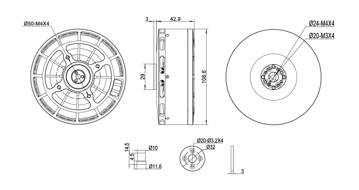 MAD M20 MiNi IPE Drone Motor, Taiwan-made anti-corrosive motor with IP35 protection and dimensions D108.6mm x 45.9mm.