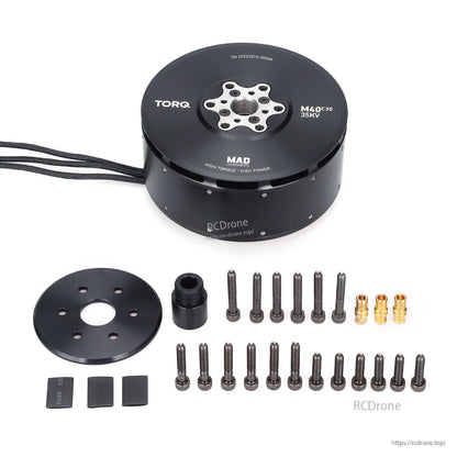 MAD M40C30 PRO IPE Brushless Drone Motor, MAD M40C30 PRO brushless drone motor with mounting plate, adapter, screws, and gold bullet connectors