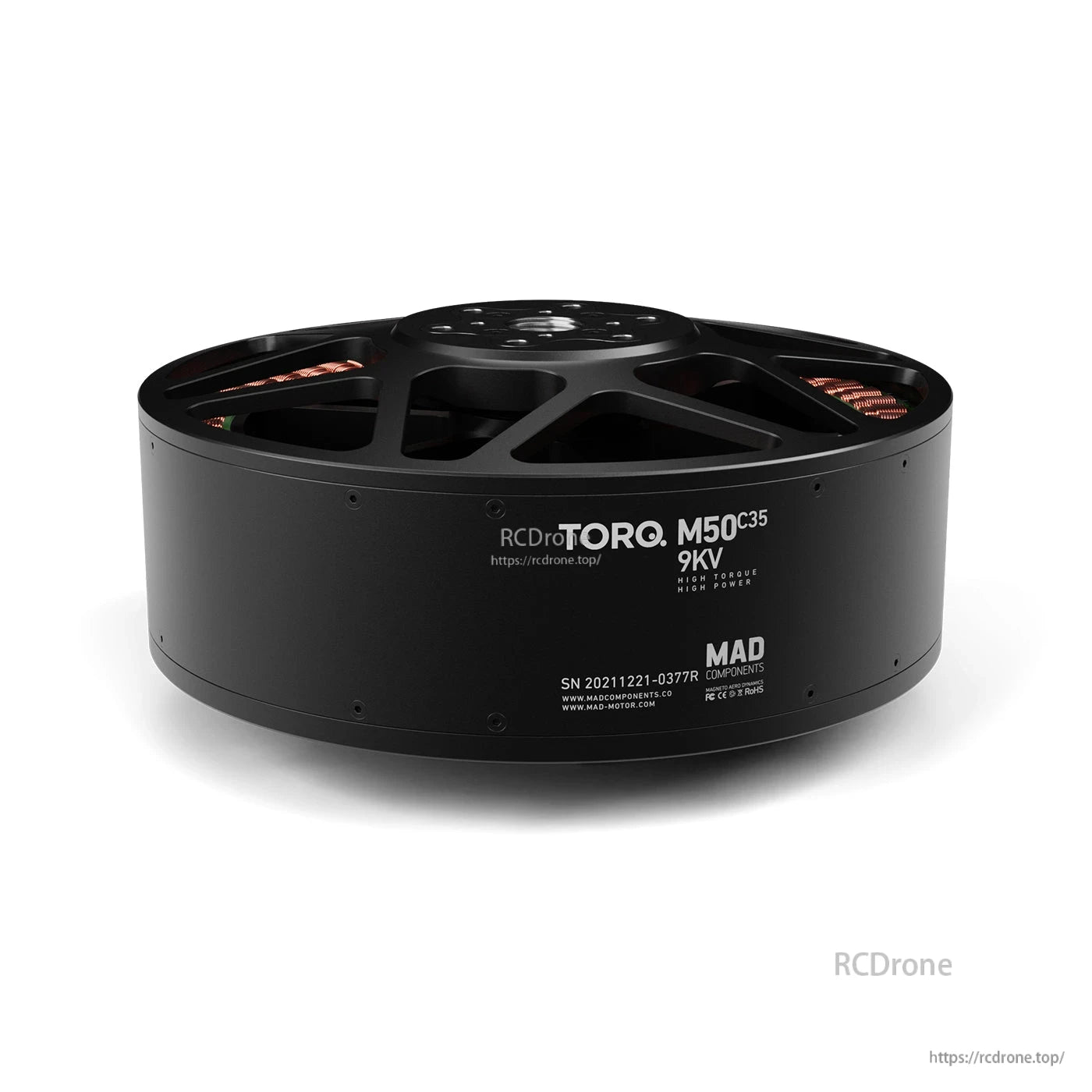 MAD M50C35 PRO EEE Manned Drone Motor, MAD RCDroneTORQ M50C35 9KV brushless drone motor with black housing and visible copper windings