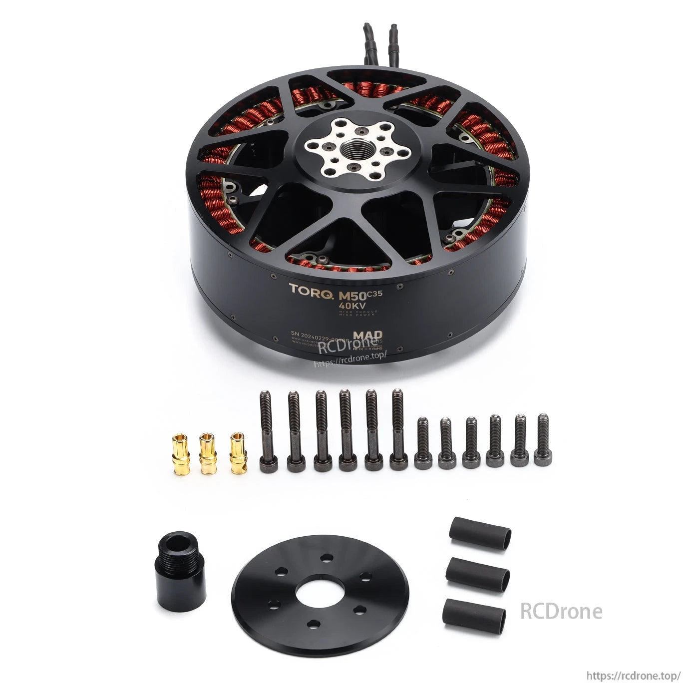 MAD M50C35 PRO EEE Manned Drone Motor, MAD TORQ M50C35 brushless drone motor with mounting plate, screws, bullet connectors, and spacers